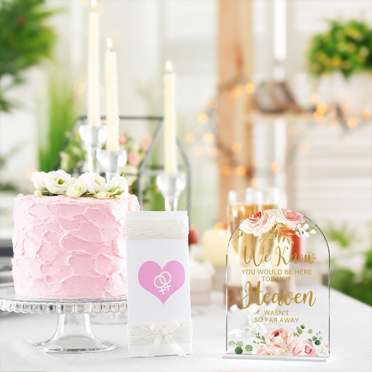 Acrylic Wedding Signs, Bridal Shower Decorations, Modern Calligraphy Arch Acrylic Table Top Sign for Wedding Reception and Engagement Parties - We Know You Would be Here Today (Clear Pink Flowers)