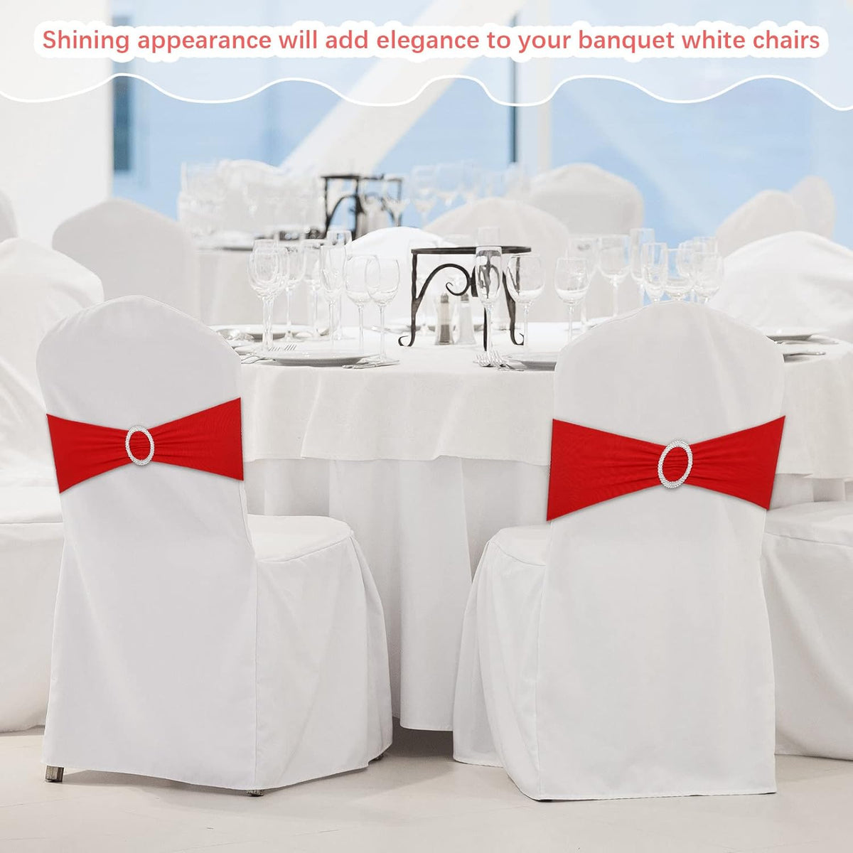 CHENGU 150 Pieces Spandex Stretch Chair Sashes Bows Elastic Chair Cover Bands Ties with Buckle Slider for Wedding Party Reception Events Universal Ceremony Banquet Decorations (Red)