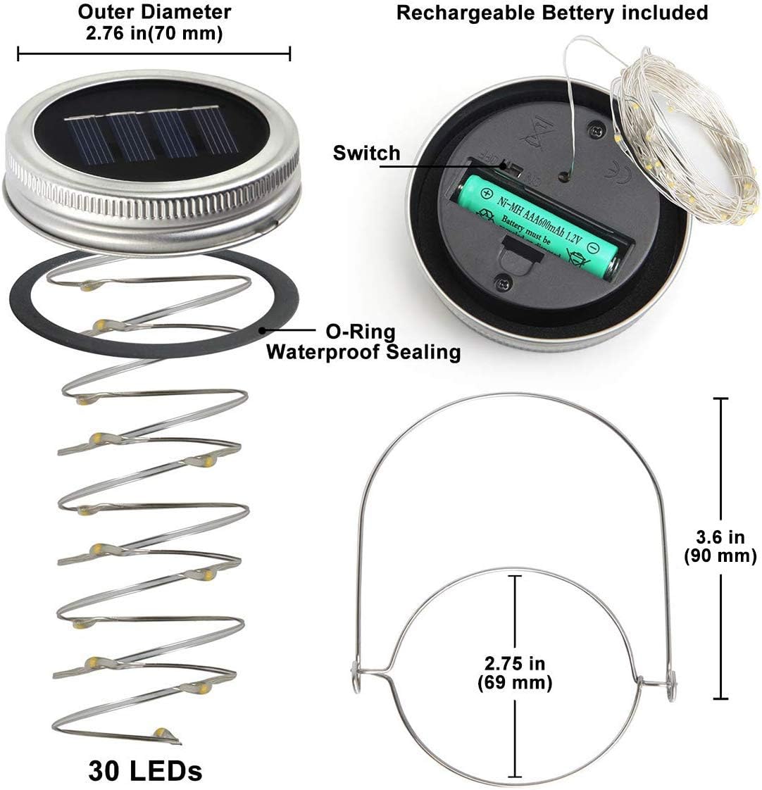 Urvoix Solar Mason Jar Lights - 8 Pack 30 Led Waterproof Jar Lids String Lights with 8 Handle (Jars Not Included), Perfect for Outdoor Garden Backyard Decorations