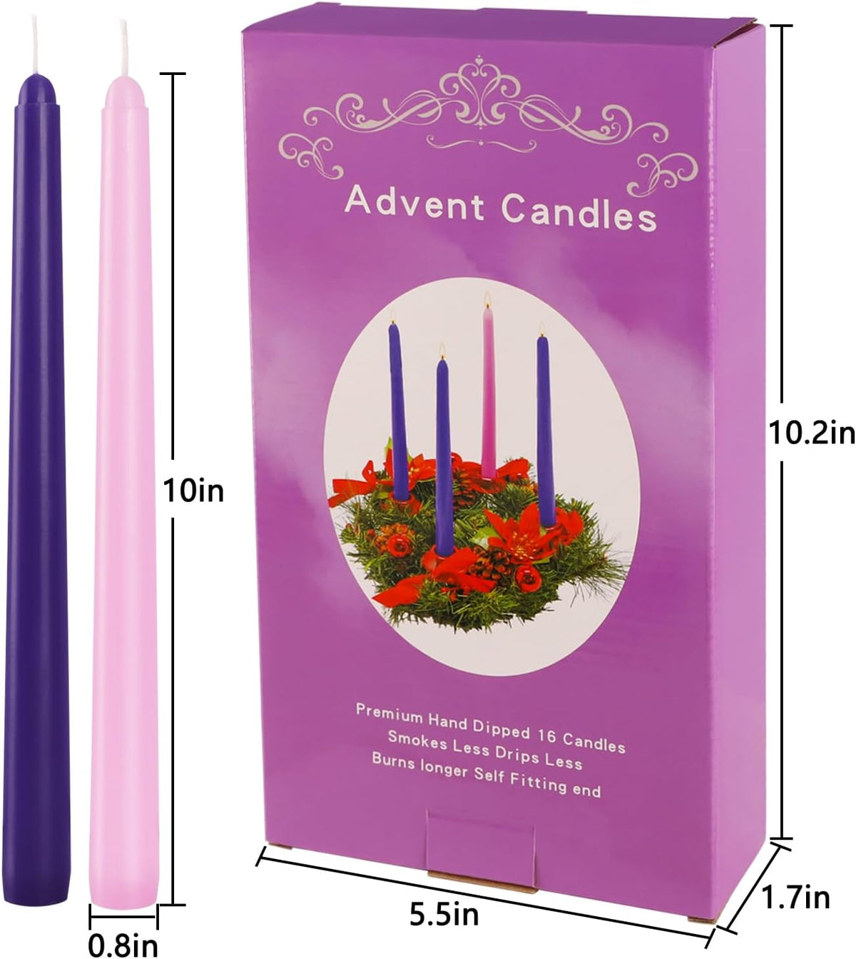 16 Pack Advent Taper Candles Premium Hand Dipped 10in Unscented Christmas Taper Candles - Ideal for Seasonal Celebrations, Holidays, Church, Celebration, Party