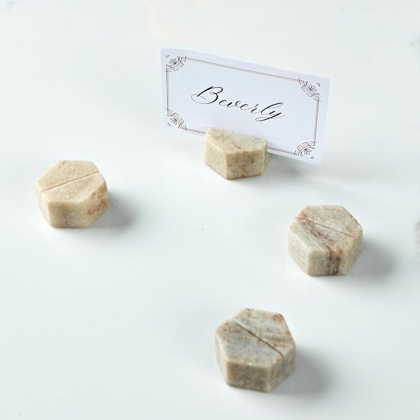 Marble Hexagon Place Card Holders, Unique Design Handmade Photo Display, Set of 4 Uniquely Textured Card Stands, Perfect for Table Decoration, Dinner Party and Wedding