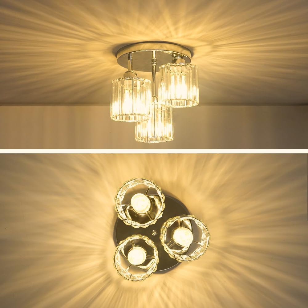 Crystal Ceiling Light Fixture, Chrome Semi Flush Mount Ceiling Light Fixture, 3-Light Hallway Lighting with Clear Crystal Shades for Kitchen Entryway Bedroom Bathroom Foyer, E26