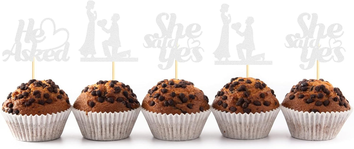Sotpot 24PCS He Asked She Said Yes Cupcake Toppers With Heart Silver Glitter for Wedding Bridal Shower Wedding Engagement Party Cake Decorations