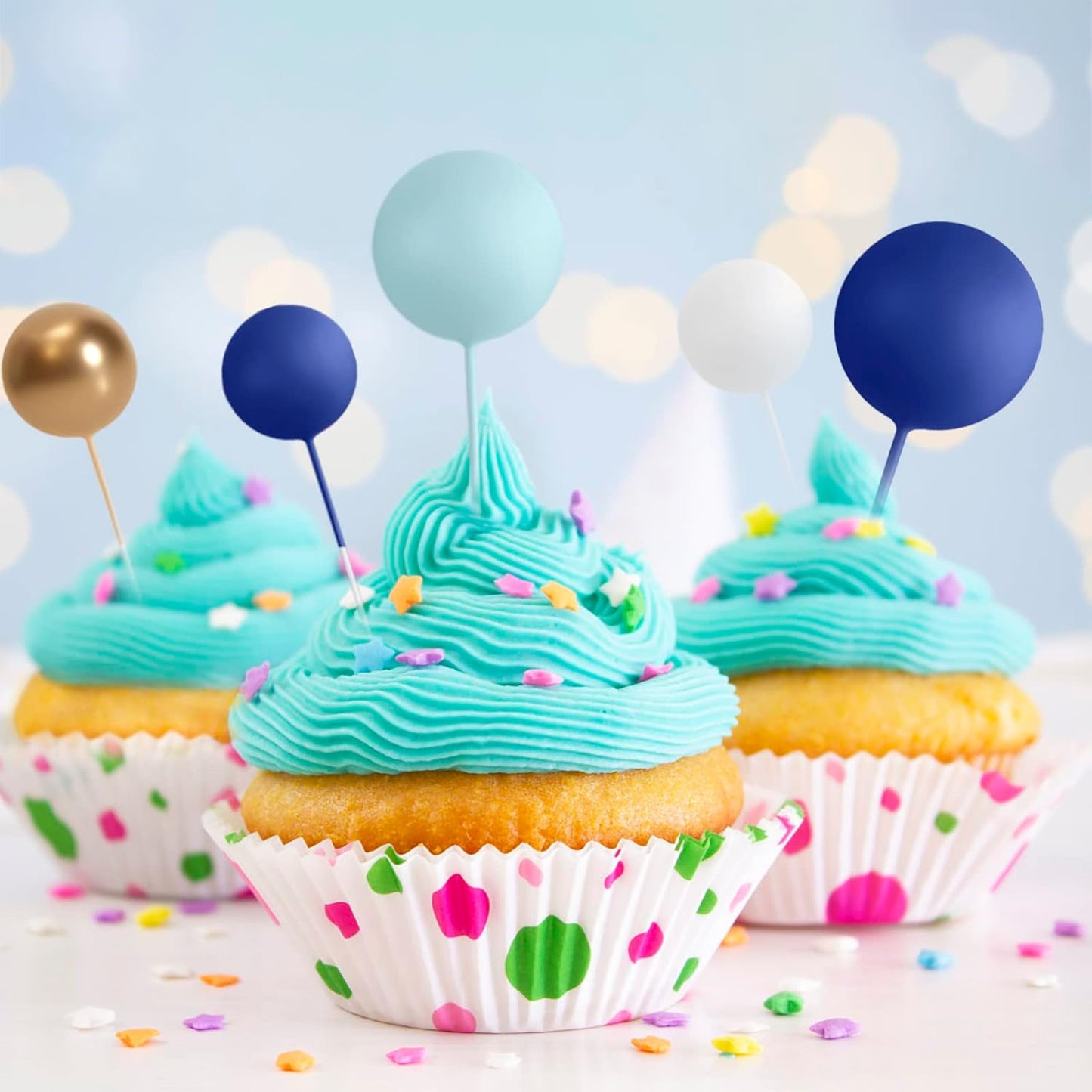ASTARON Ball Cake Topper, 32 Pcs Foam & Wire Decorations, Mini Balloons Cake Topper Sticks, 4 Colors/Sizes for Wedding Party Birthday Cake Decorating
