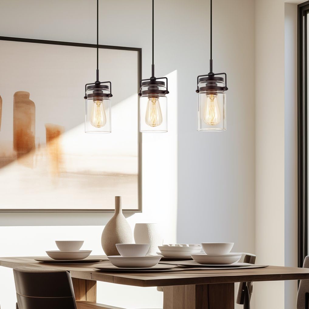 Kira Home Wyer 8" Modern Industrial/Farmhouse Pendant Light + Mini Clear Glass Cylinder Shade, Dimmable Adjustable Wire, Oil Rubbed Bronze Finish