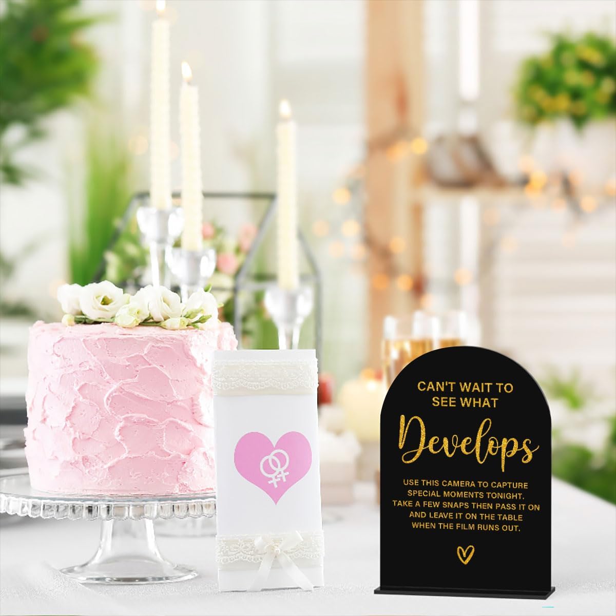 Acrylic Wedding Sign, Bridal Shower Decorations, Can't Wait to See What Develops Sign for Ceremony, Modern Font Table Signs, Acrylic Table Top Signs for Wedding Reception (Black Gold)