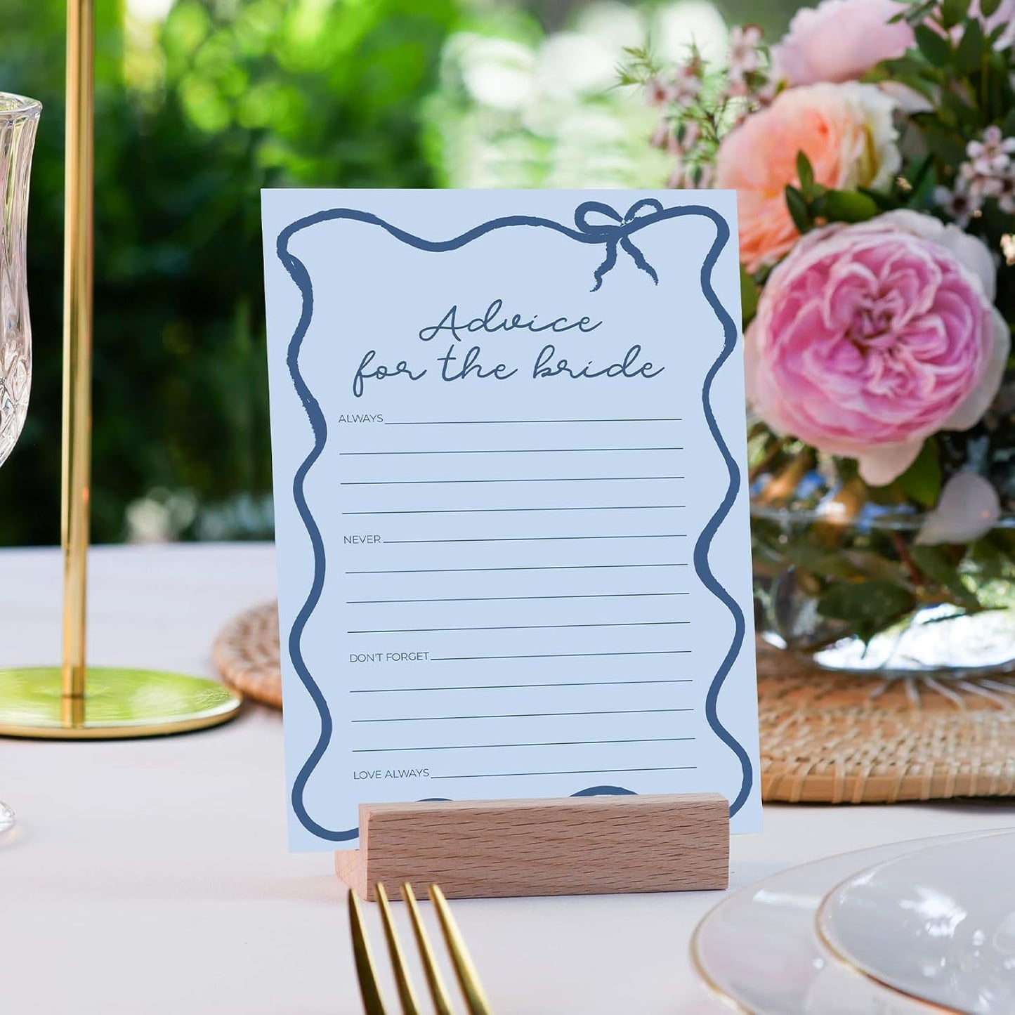 DEEKA 30 PCS Bridal Shower Games Card for 30 Guests Blue Wavy Border Ribbon Bow Funny Wedding Bachelorette Party Games for Reception (Advice for The Bride)