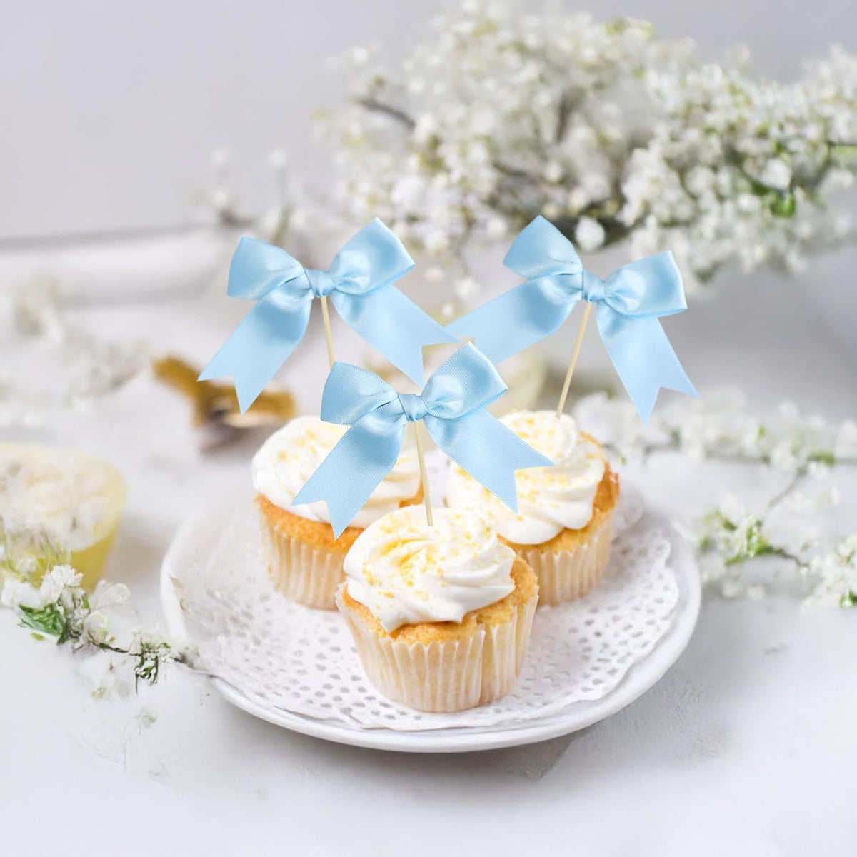 Gyufise 24Pcs Bow Cupcake Toppers Coquette Bow Girls Birthday Cake Decorations Bowknot Cake Toppers Bowknot Cupcake Picks for Baby Shower Birthday Wedding Bridal Engagement Party Supplies Lake Blue