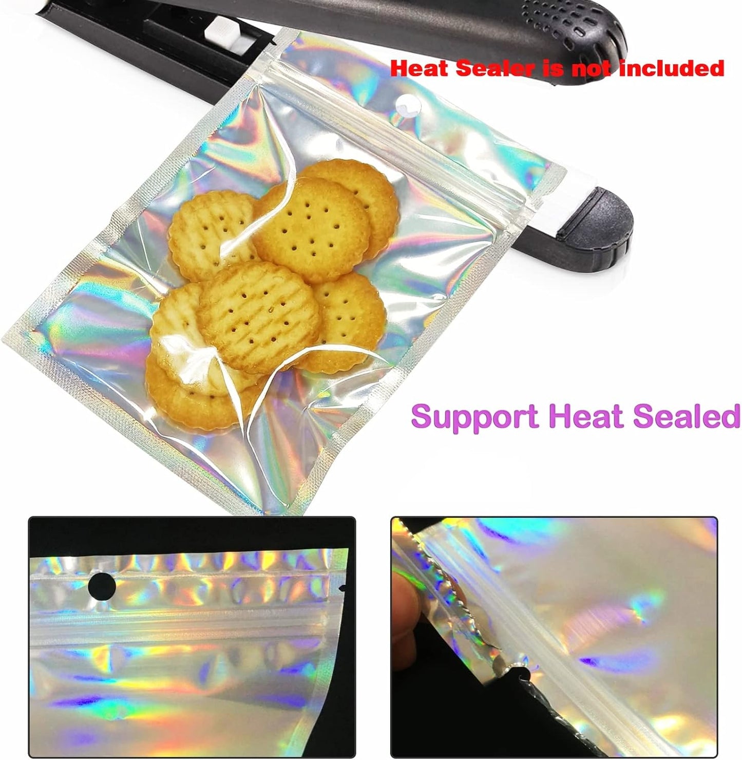 100 Pcs Holographic Resealable Packaging Bags for Small Business Supplies, Cute Small Color Smell Proof Foil Pouch Plastic Baggies for Lip Gloss Soap Party Food Storage (4x6 inch)