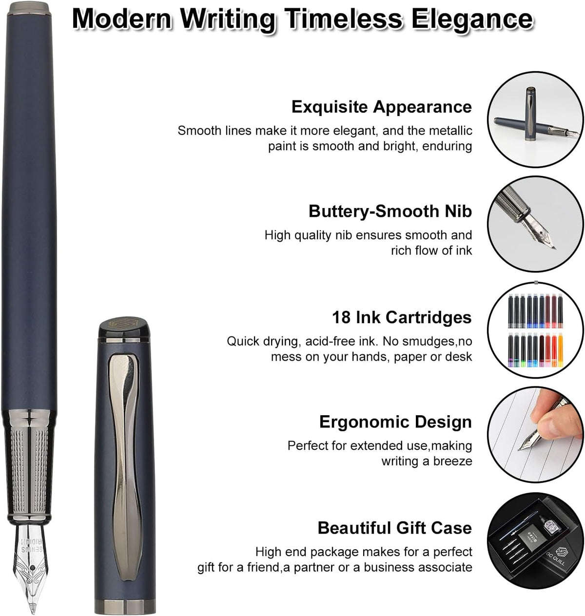 GC QUILL Calligraphy Fountain Pen Set - Includes 5 Nibs, Ink Bottle, Ink Refill Converter and 18 Cartridges, Fancy Pen for Women Men Gift - MU-25
