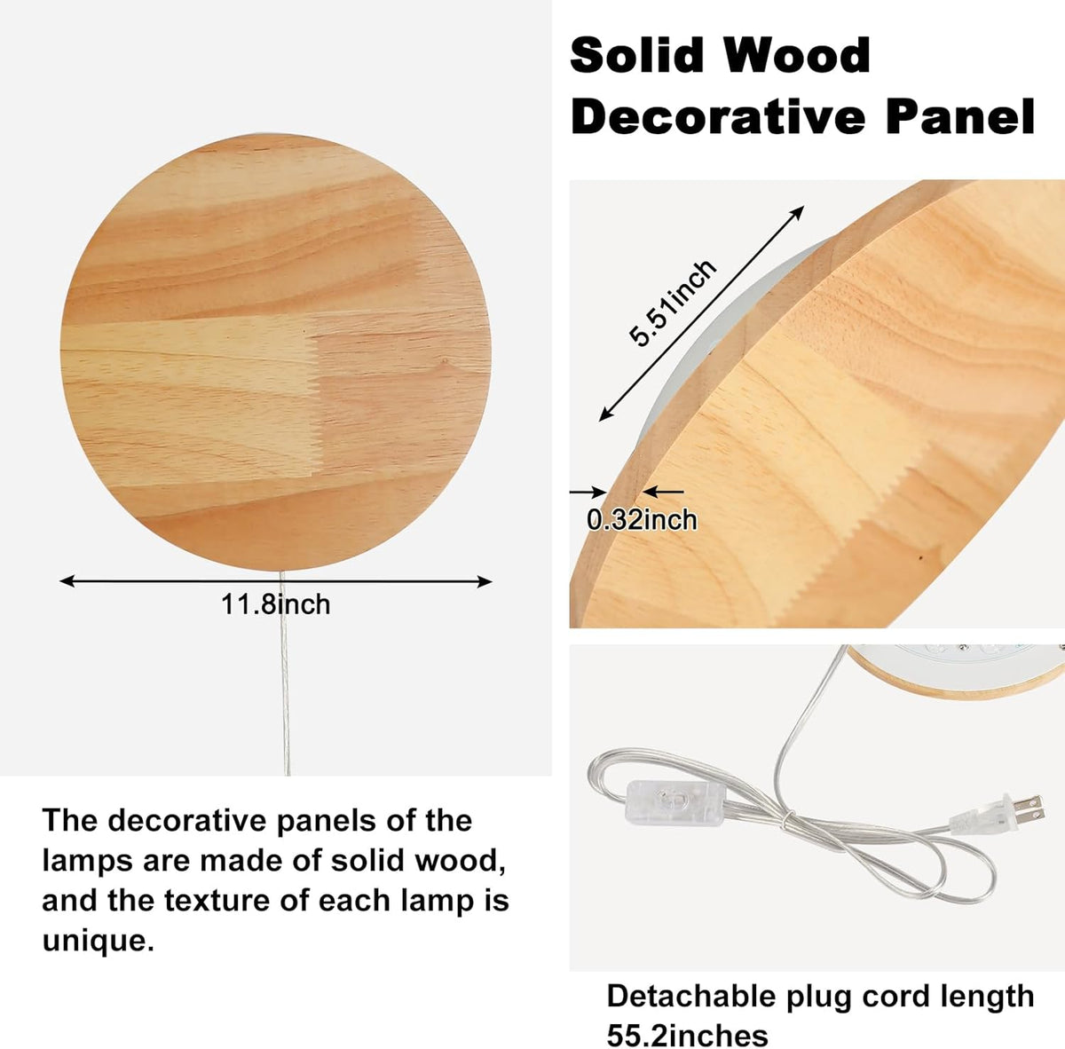 Modern Minimalist Plug in Wall Sconces, Plug-in Or Cordless 11.8'' Round Wood Backlight LED Wall Lamp, 25W, 2500LM Warm White Brightness Wall Light Fixtures for Bedroom, Living Room Wall Décor
