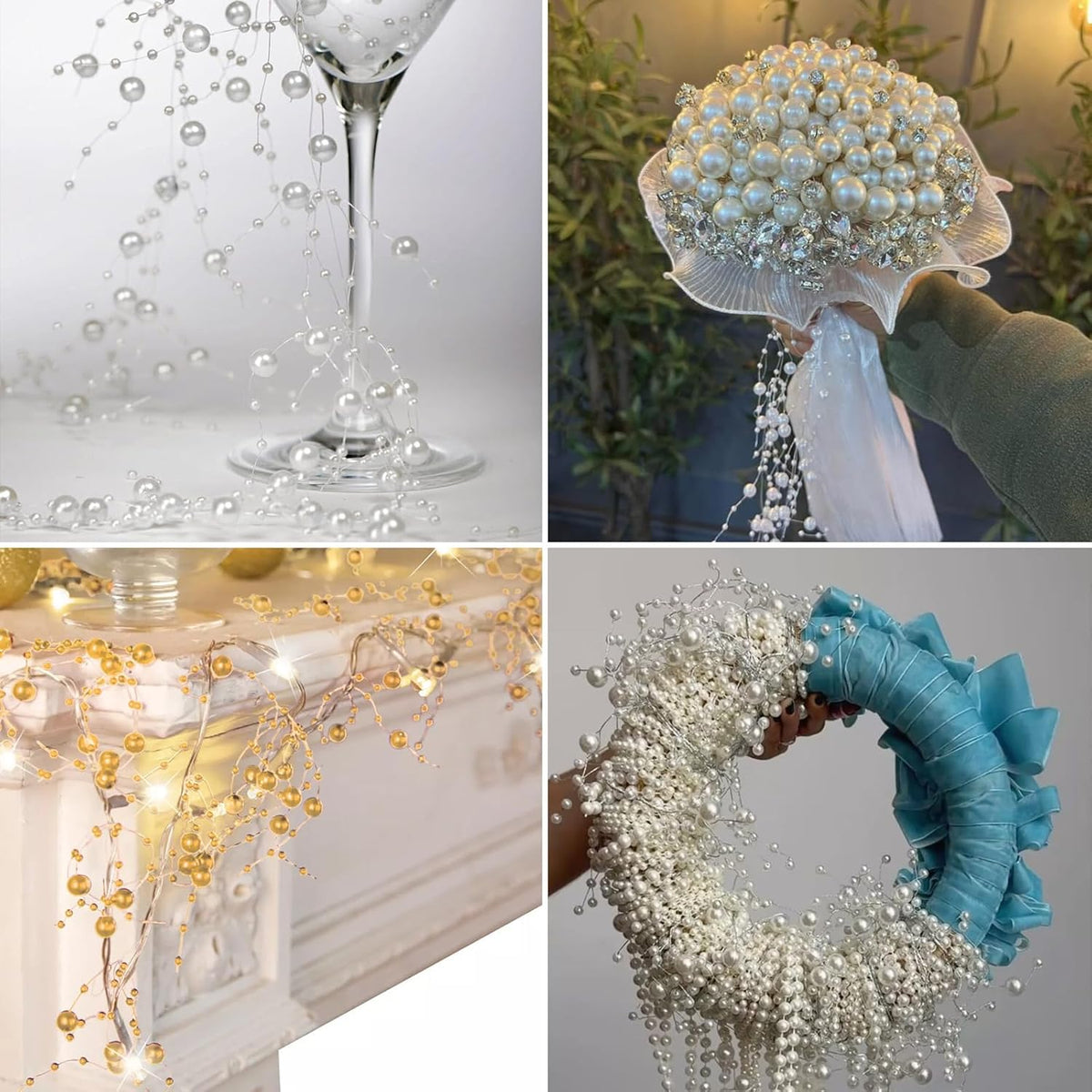 98FT Pearl Beads String Garland, 8mm 3mm White Faux Pearl Beads Roll Strand Bulk for Wedding Party Flower Christmas Decoration DIY Craft