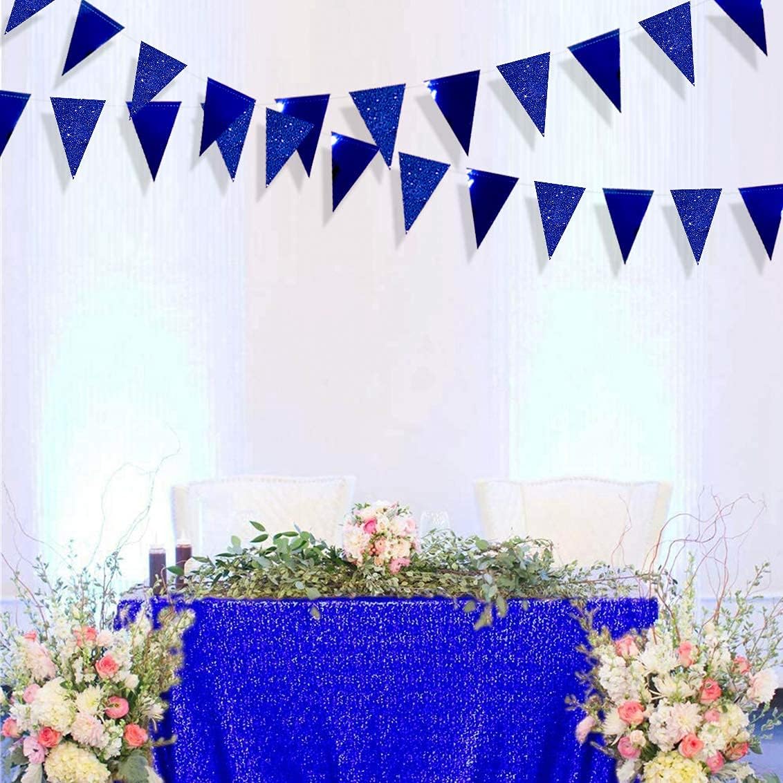 30 Ft Royal Blue Party Decorations Navy Blue Metallic Glitter Paper Triangle Banner Flag Garland Pennant Bunting for Graduation Birthday Wedding Bridal Shower Ahoy Achor Nautical Theme Party Supplies
