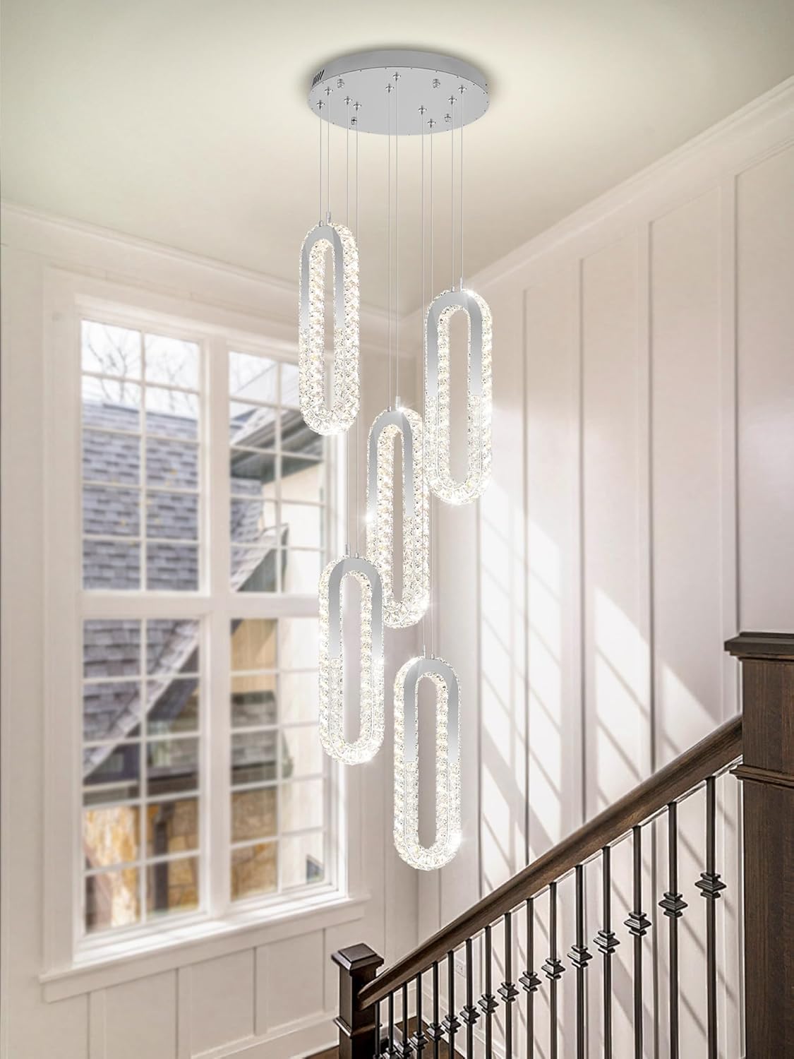 5 Rings Crystal Chandeliers for Staircase Large Pendants Light Fixture Silver High Ceiling Chandelier for Entryway Bedroom Foyer 2700K-6000K