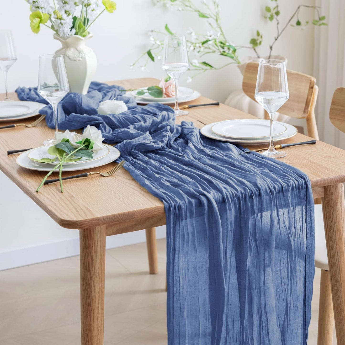 Asee'm 6pcs Cheesecloth Table Runner 120 Inches Long Blue Boho Gauze Cheese Cloth Runner 10FT Rustic Sheer Table Runners for Christmas Wedding Party Baby Shower Spring Easter Decoration