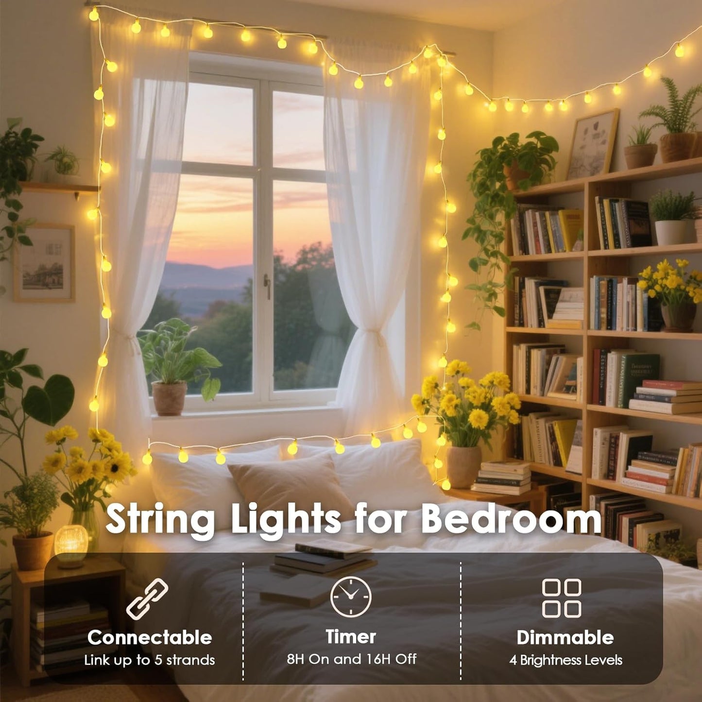 300LED Connectable String Lights Indoor Outdoor for Bedroom, 108ft Fairy Lights with Remote & Timer, Plug in 8 Modes Waterproof Globe Hanging Twinkle Light for Room Classroom Wedding Decor, Warm White