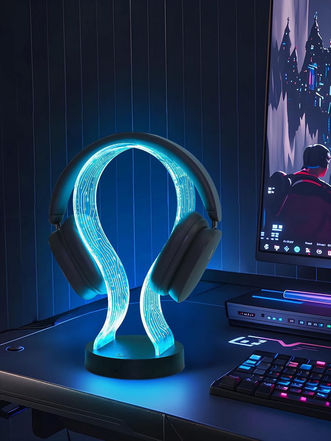 Light Up Headphone Stand with 16 Color Lights, PCB Pattern Acrylic Headset Stand with 1 USB and 1 Type-C Charging Ports, Gifts for Gamers Men and Music Lovers
