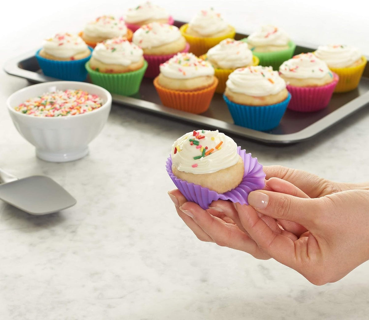 Amazon Basics Reusable Silicone Baking Cups, Non-Stick, BPA Free, Dishwasher Safe, 2.9 x 2.9 x 1.3 in (LxWxH), Multicolor, Pack of 24