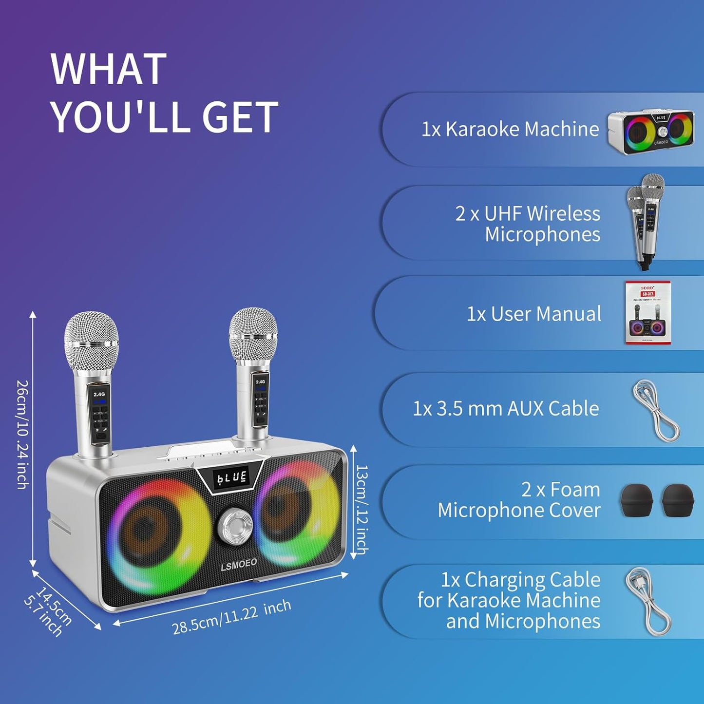 Karaoke Machine for Adults and Kids with 2 UHF Wireless Microphones,Portable Bluetooth Speaker PA Speaker System with LED Party Lights for Home Party, Picnic,Car,Outdoor/Indoor/Birthday Gifts