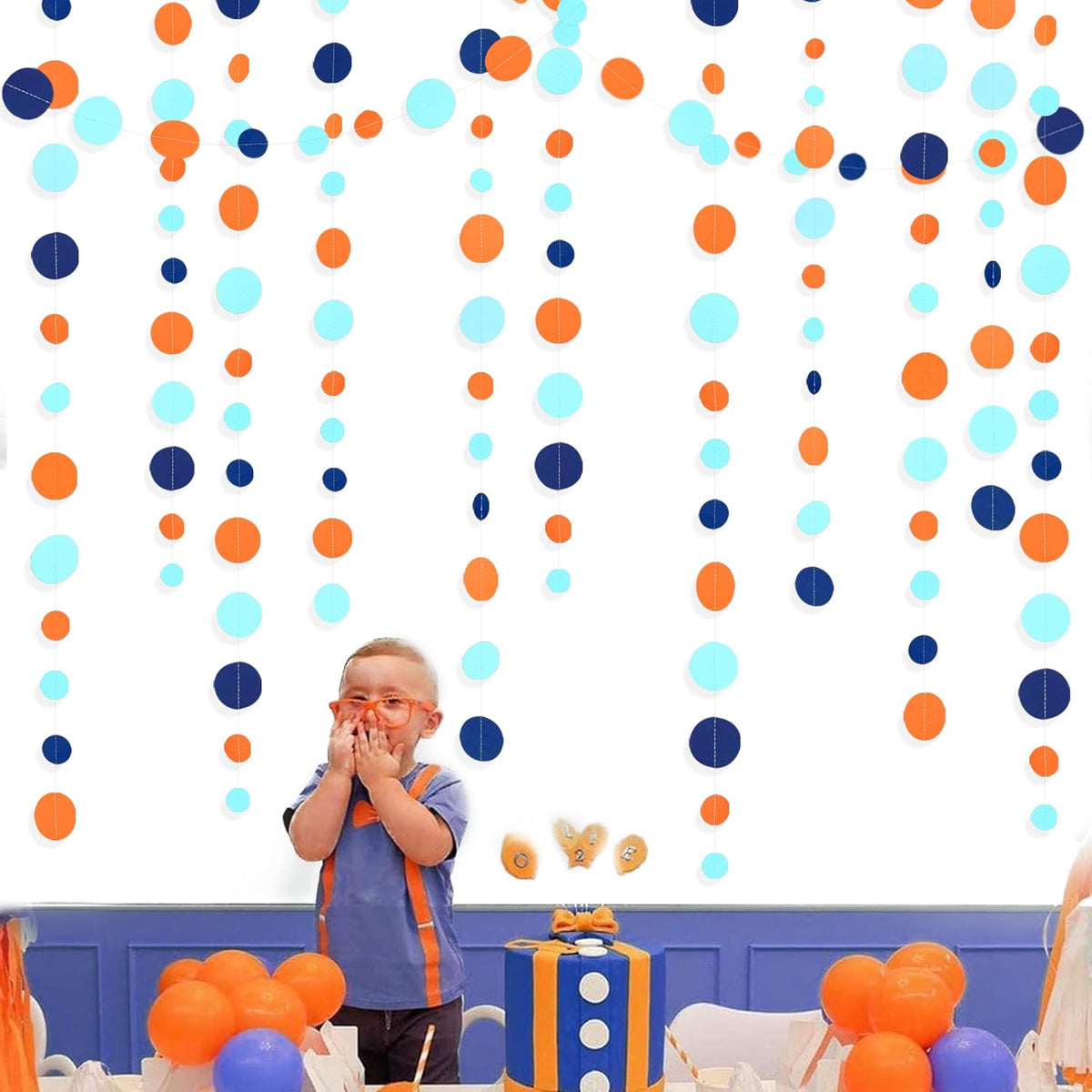46 Ft Navy Blue Orange and Teal Circle Dots Garland Royal Blue Orange Aqua Polka Dot Hanging Paper Streamer for Birthday Wedding Bridal Baby Shower Outer Space Galaxy Theme Party Decorations Supplies
