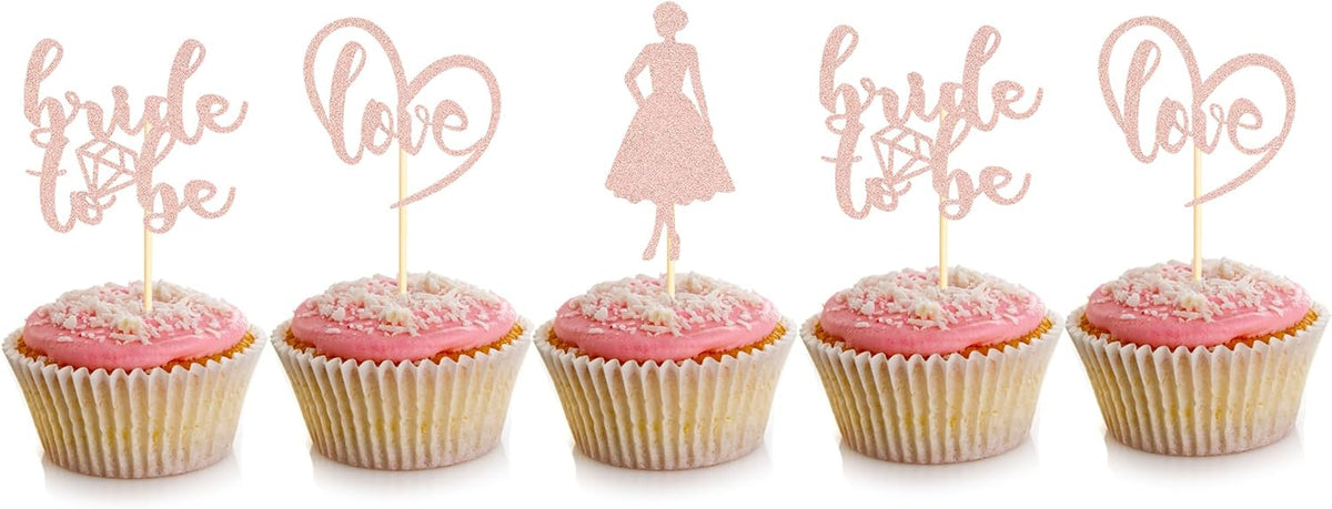 Sotpot 24PCS Bride to Be Cupcake Toppers with Heart Rose Gold Glitter Dress Bridal Shower Cupcake Picks for Wedding Bridal Shower Wedding Engagement Party Cake Decorations