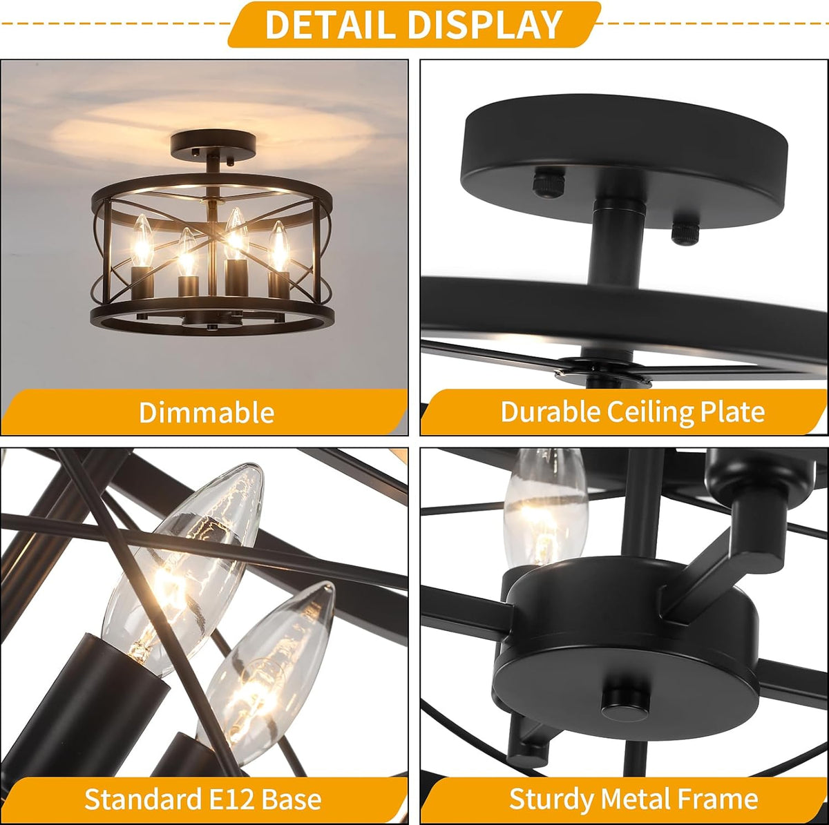 Black Semi Flush Mount Ceiling Light Fixture, 4-Light Farmhouse Modern Ceiling Light, Hallway Light Fixtures, Kitchen Lights, Ceiling Lamp for Entryway Dining Room Bedroom Laundry Lighting UL-Listed