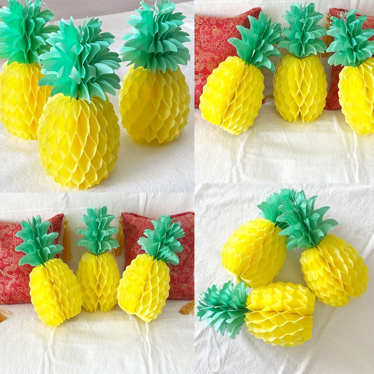 12inch Paper Pineapple Honeycomb Decorations 8pcs Tissue Party Pineapple Centerpieces Hanging Pineapple for Table Decor for Summer Tropical Hawaiian Beach Decor