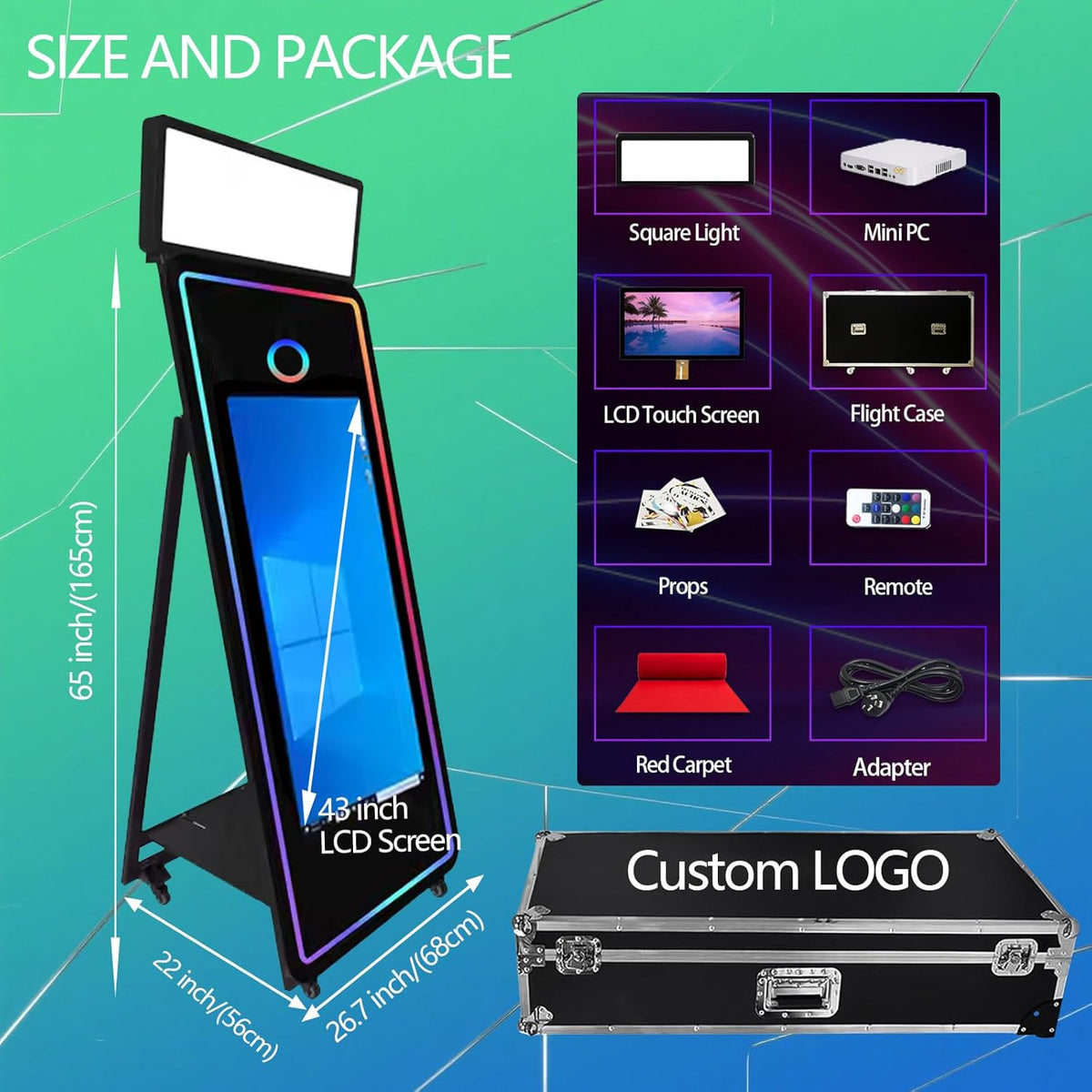65''Magic Mirror Photo Booth Machine,Mirror Photo Booth 43''Touch Screen,Photo Booth with Flight Case,App Control,RGB Light for Wedding Party Events (Black, Machine+Mini Printer)
