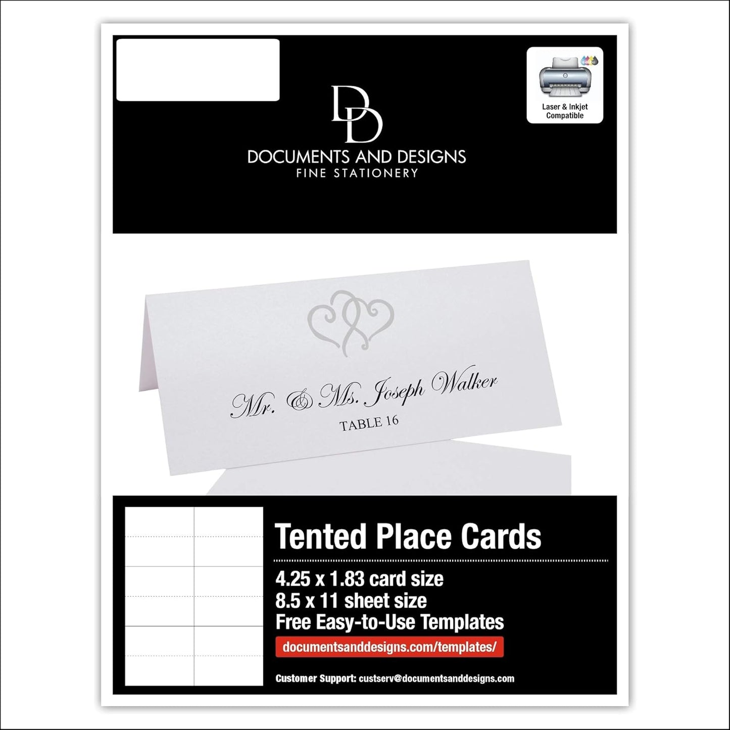 Linked Hearts Printable Place Cards, Silver (Choose Color), Set of 60 (10 Sheets), Laser & Inkjet Printers - Wedding, Party, Dinner, and Special Events - Made in the USA