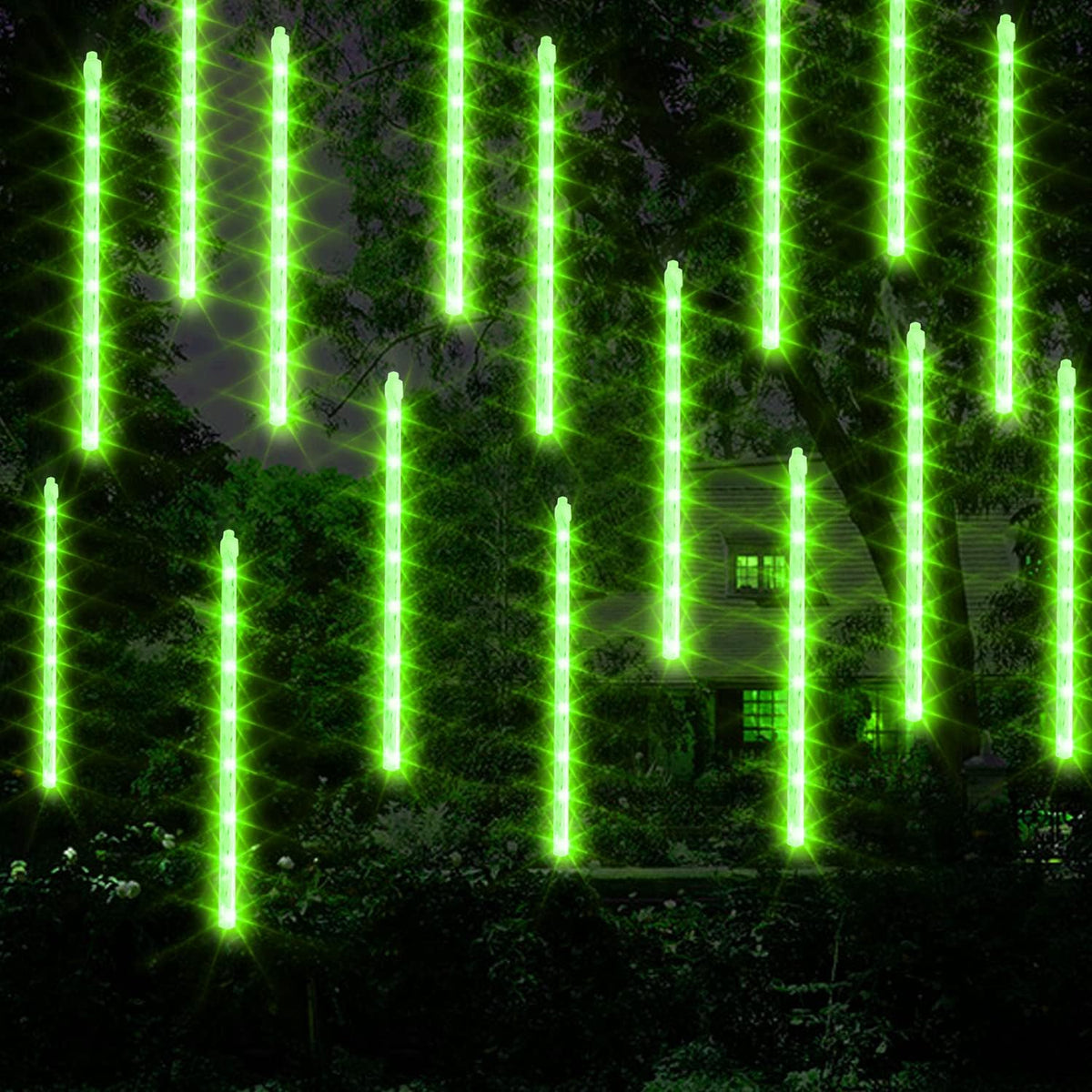 Dazzle Bright 288 LED Christmas Light, 11.8 Inch Meteor Shower Rain Lights with 8 Tubes, Waterproof Plug in Falling Rain Lights Christmas Decorations for Xmas Bushes Tree Yard Party (Green)