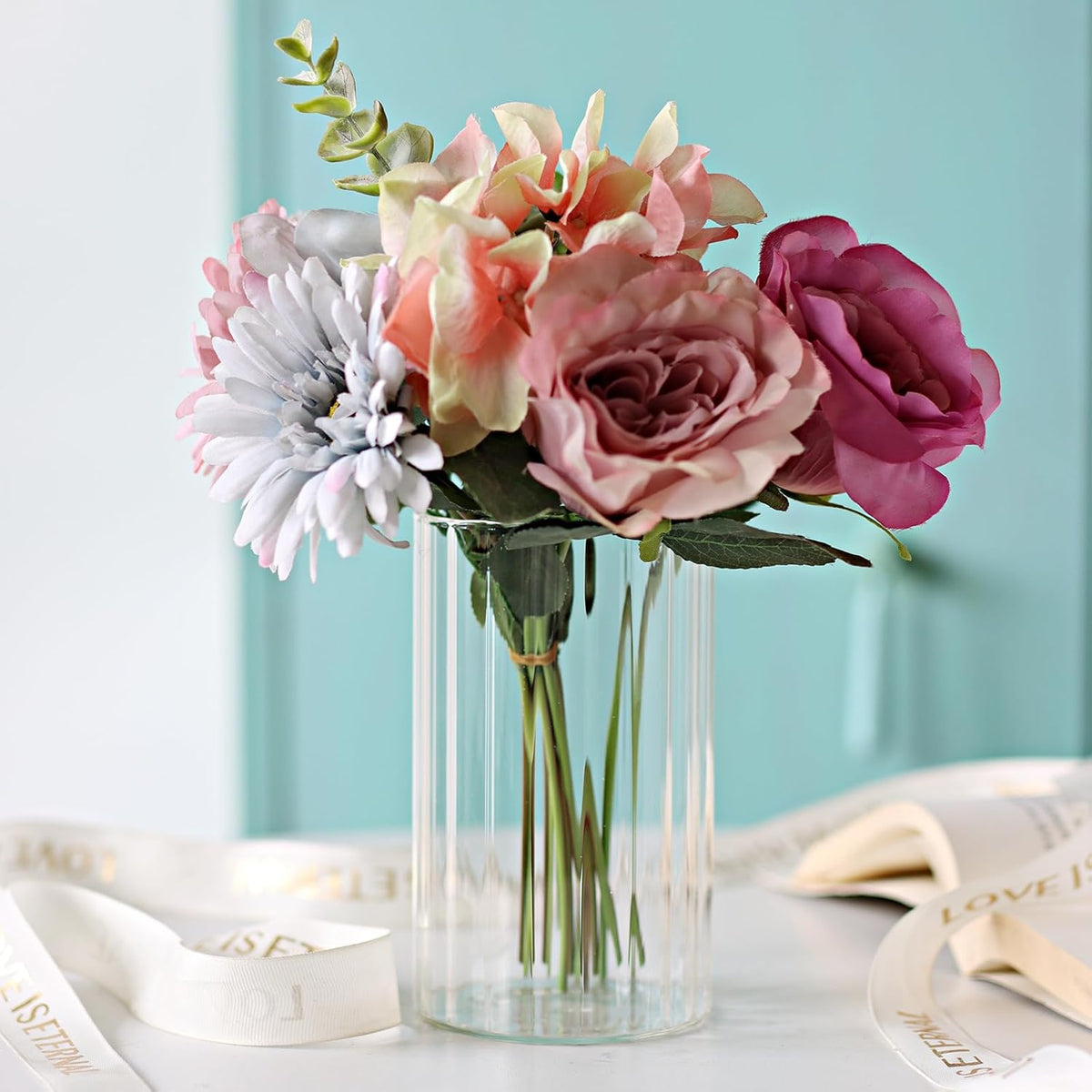 12Pcs Glass Cylinder vases for Centerpieces, 6 Inches Clear Ribbed Bud Vases for Wedding Decorations,Floral Vase Bulk Flower vases,Tall Glass Hurricane Candle Holder for Table Shelf, Party(Ribbed)