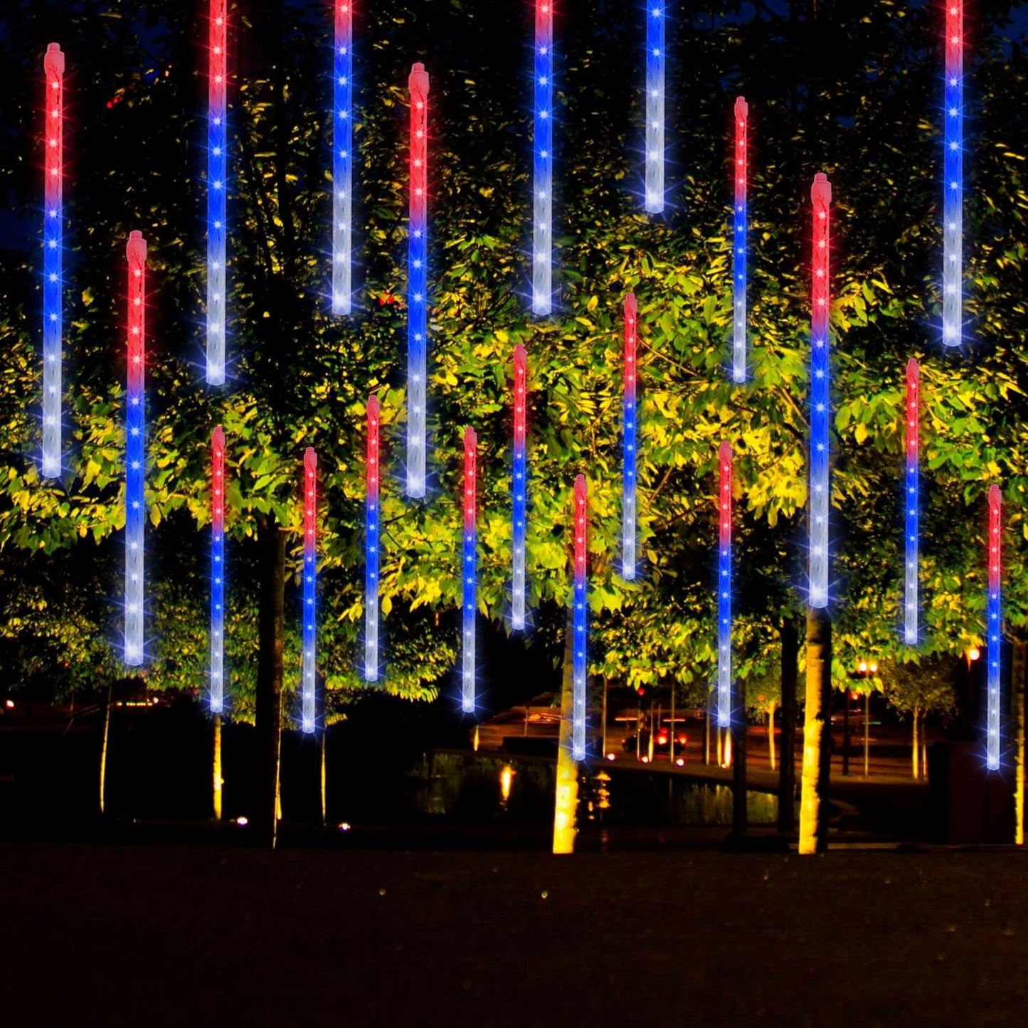 Dazzle Bright 4th of July Lights Decorations, 288LED Red Blue and White Meteor Shower Rain Lights 12Inch 8 Tubes, Waterproof Plug in Falling Rain Light Independence Day for Outdoor Yard