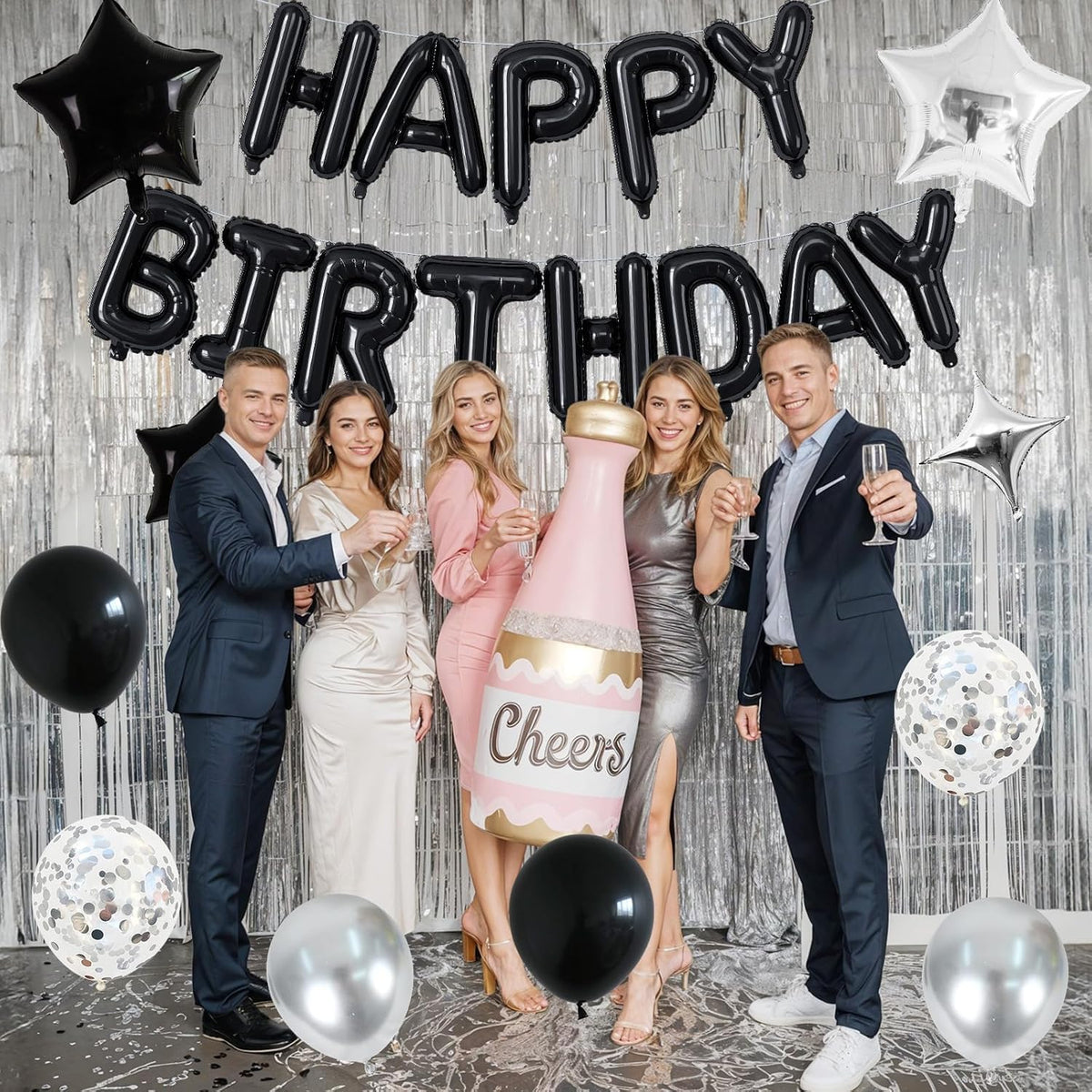 Happy Birthday Balloon Banner Black Silver, 16 Inch Mylar Foil Letter Balloons, Reusable Birthday Decorations with Black and Silver Balloons, Inflatable Party Supplies for Women Men Boys Girls Decor