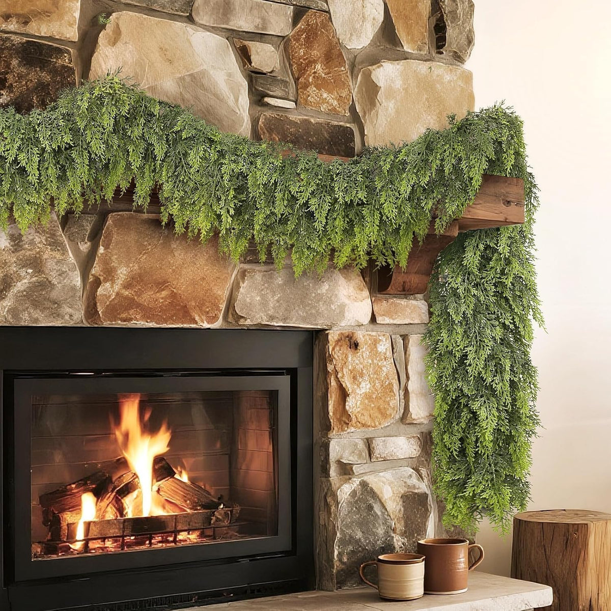 Real Touch Cedar Garland - Artificial Christmas Garlands Faux Green Cedar Fake Pine Needles Garland for Fireplace,Table, Stairs, Mantle, Window,Indoor Outdoor,Home,Holiday Decor(1 PCS,9 FT)