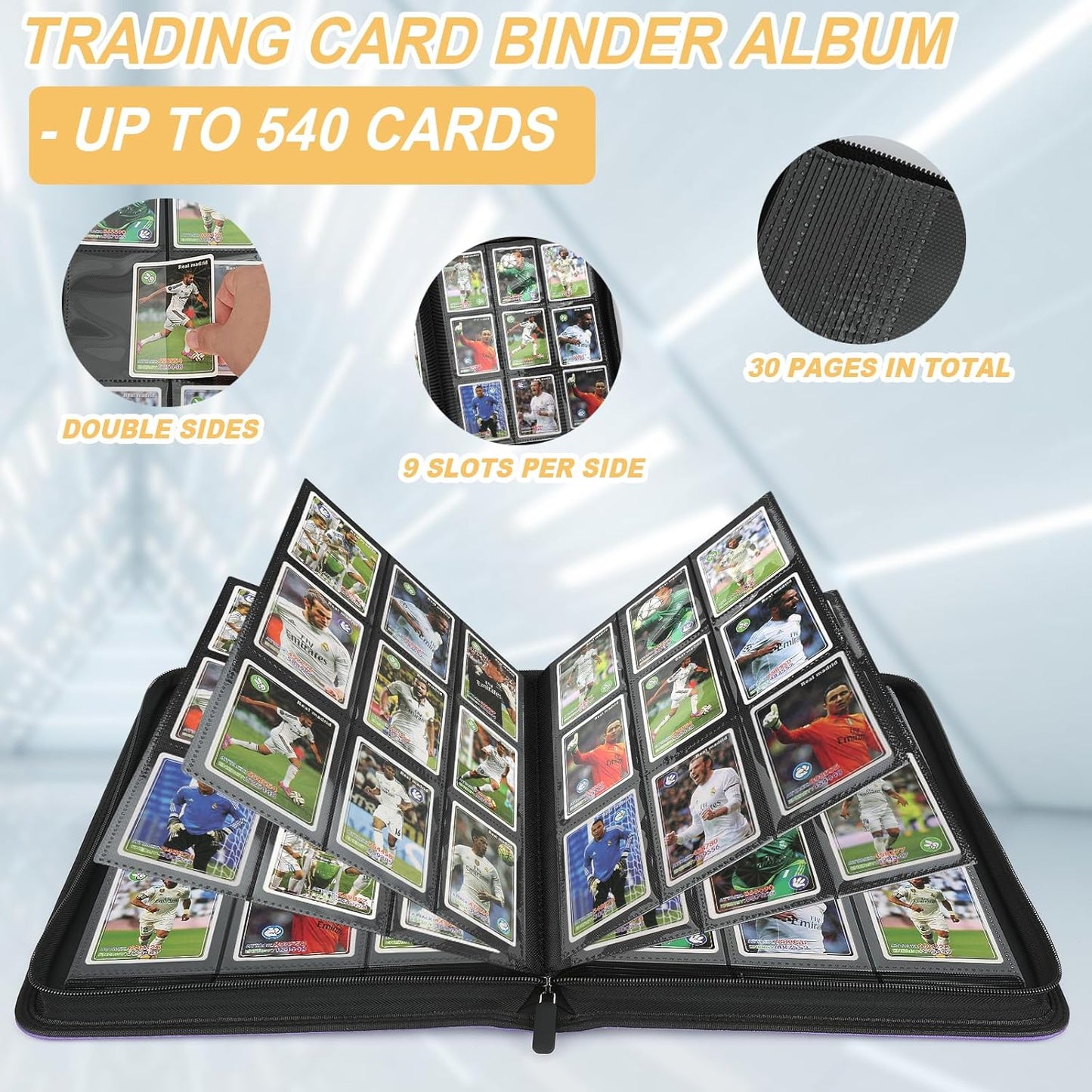 9 Pocket Card Binder, Premium Zip Trading Card Binder, 540 Double Sided Pocket PU Collection Binder, Collector Album, Card Folder for MTG, TCG, Sports Cards