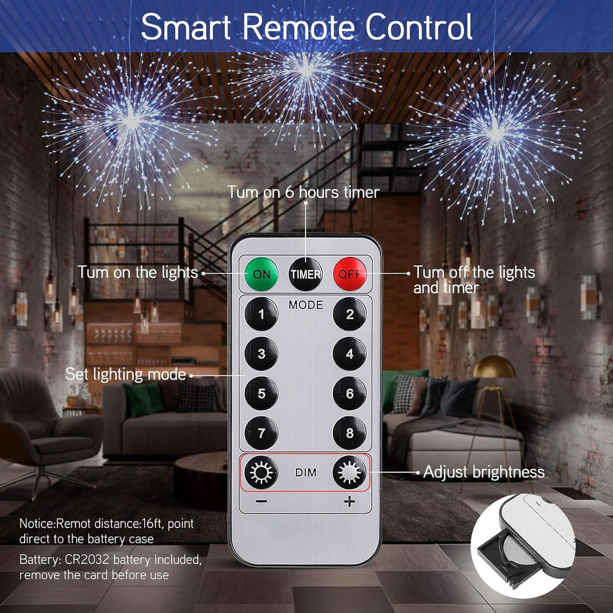 Admitrack Starburst String Lights Christmas Lights, 225 LED 8 Modes Dimmable with Remote Control, Waterproof Copper Wire Decorative Hanging for Party Patio Garden Decoration (White, 4PC)