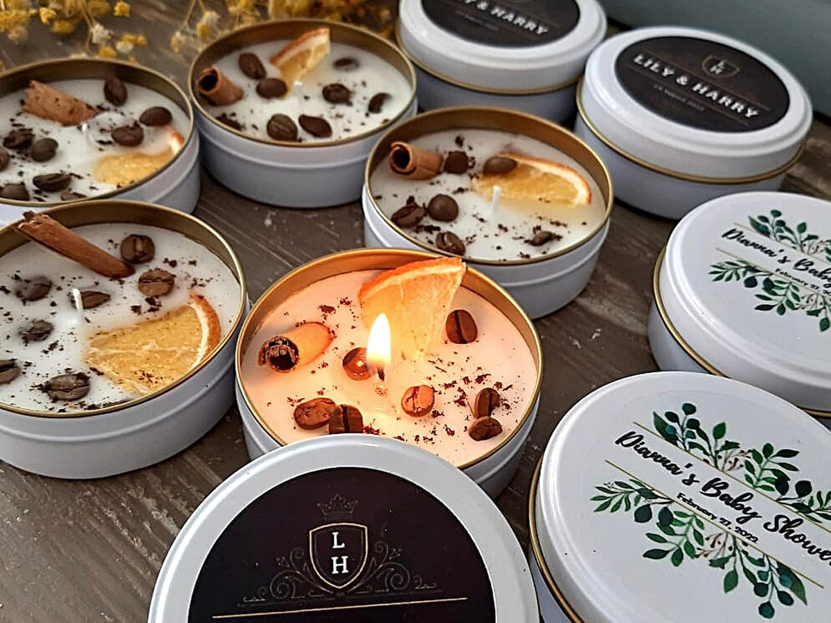 Coffee Scented Soy Wax Candle Favors with Hand-Placed Orange and Cinnamon Stick - Handmade Gift Set for Wedding Guest - Bridal Shower Baby Shower Birthday (50 Pieces)
