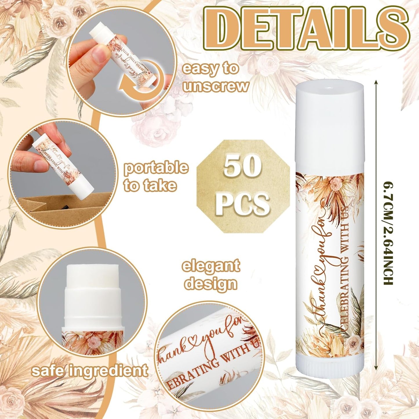 50 Pcs Wedding Bridal Shower Gifts Party Favors Bulk Floral Lip Balm Baby Shower Thank You Appreciation Gifts for Women Tea Bachelorette Party(Elegant)