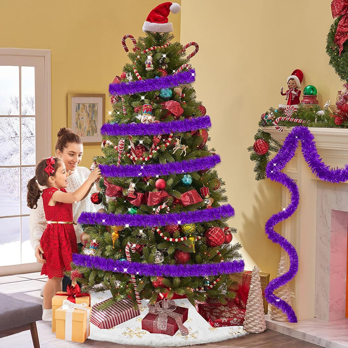 25 Feet Metallic Twist Tinsel Garland Wall Hanging Backdrop for Parade Floats, Christmas Eve, New Year, Valentine's Day Party Decorations (Purple, 4in x 25ft)