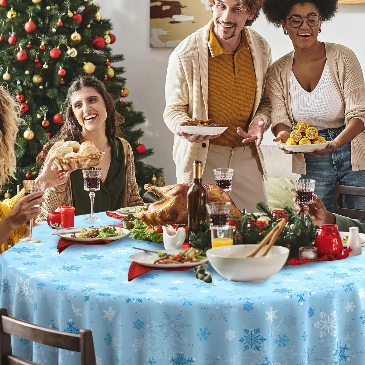 6Pcs Christmas Snowflake Plastic Party Tablecloth Decorations,Disposable Light Blue Snowflake Xmas Round Table Cover Backdrop for Winter Onederland Christmas Holiday Party Supplies,84 inch(Light Blue)
