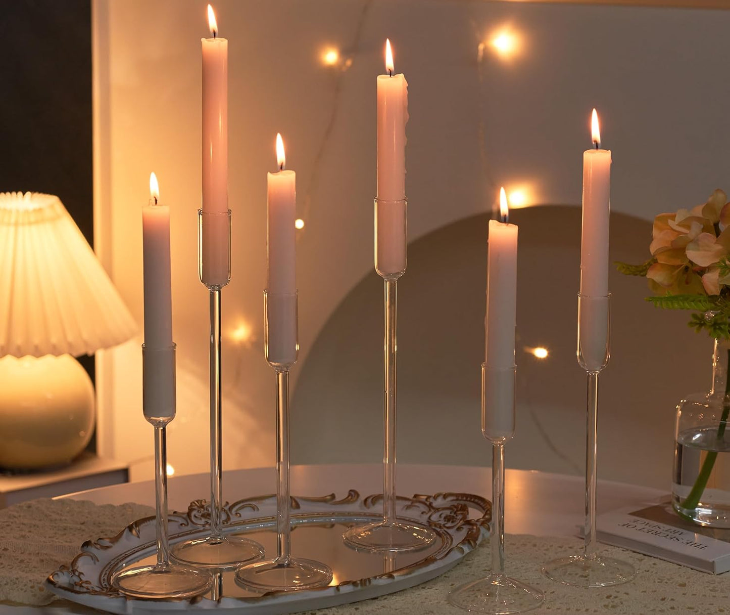 Candle Holder, Glass Taper Candle Tall Candlestick Holder, 3 Different Heights, for Table Centerpiece, Wedding, Party, Clear, 12pcs