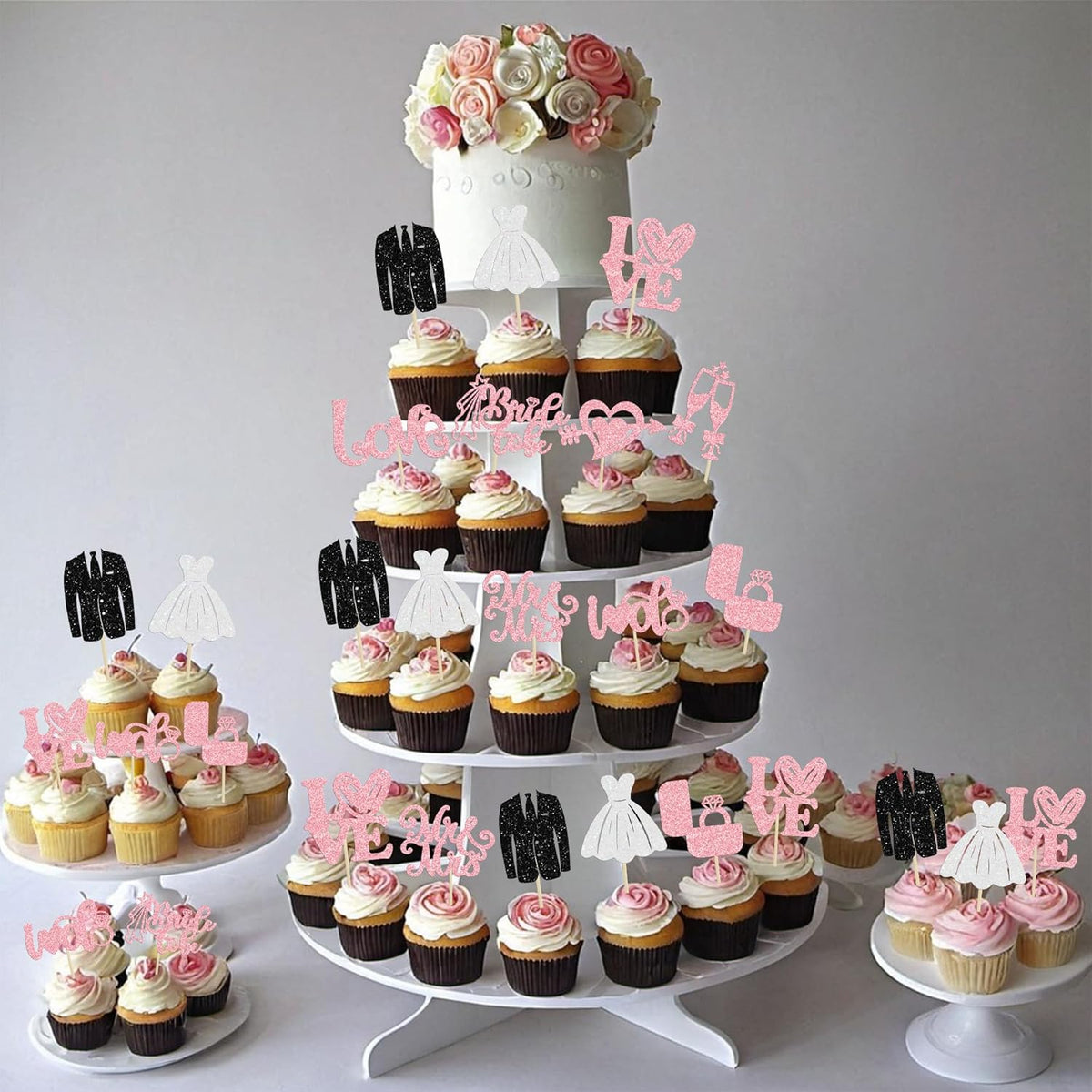 Ephlyn 30Pcs Bride to be Cupcake Toppers Glitter Wedding Cake Topper Decorations I Do Love Heart Ring Cupcake Picks for Bridal Shower Wedding Engagement Party Supplies Pink