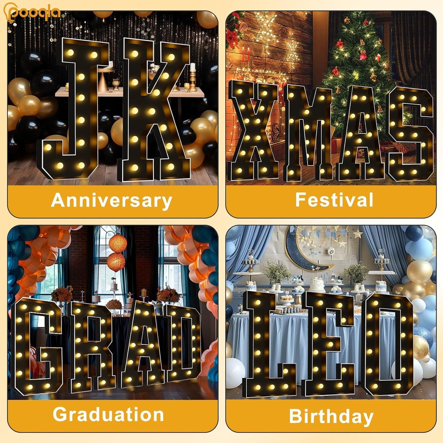 Pooqla 4 FT Marquee Light Up Letters, Black Marquee Letter Lights 4 Feet Tall for Birthday Decoration, Big Mosaic Letters Sign for Balloons Party Anniversary Wedding Decorations, Giant Warm White T