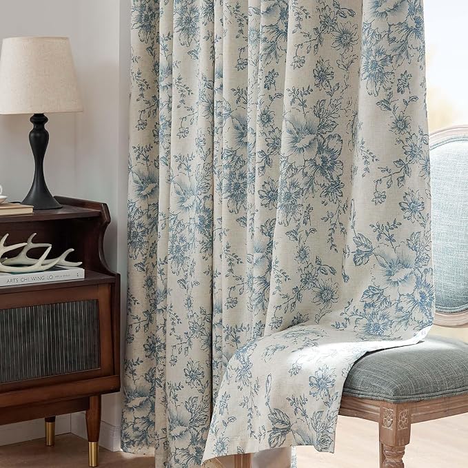 jinchan Blue Floral Linen Blackout Curtains Lined 96 Inch Back Tab 2 Panels | - Image 8