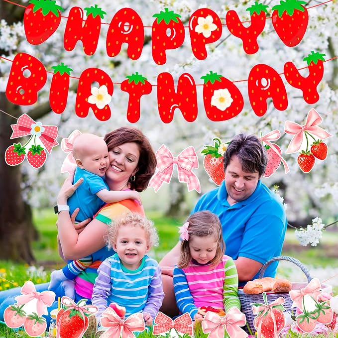 MEETINGU Strawberry Happy Birthday Banner and Bow Theme Strawberry Banner - Image 5