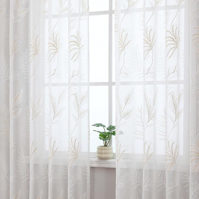 White Sheer Curtains Beige Embroidered Leaf 2 Panels 54 Inches | Light - Image 6