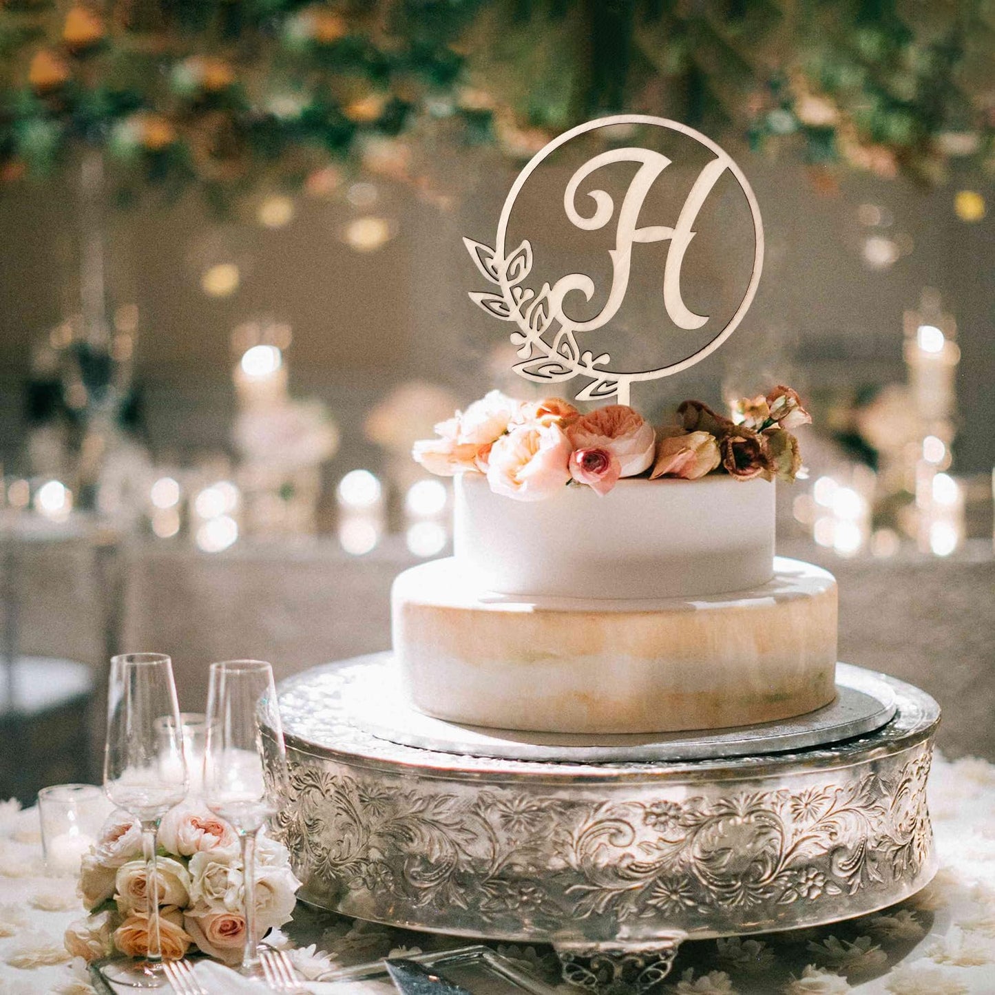 LINGTEER Personalized Inital Letter H Wooden Cake Topper Perfect for Birthday Rustic Wedding Anniversary Party Keepsake Decoration