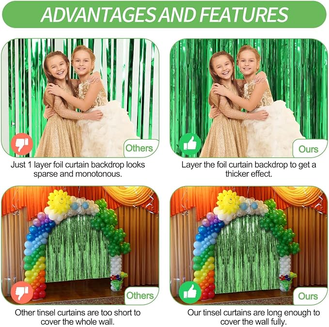 Crosize 2 Pack Green Party Streamers Backdrop, 3.3 x 9.9 ft | Tinsel Foil - Image 5