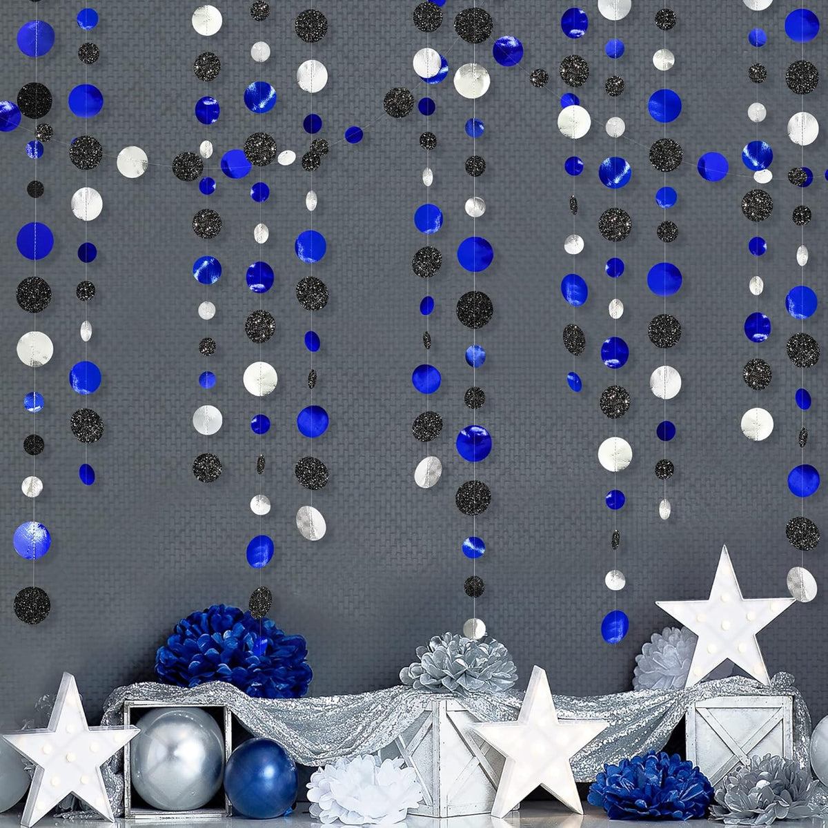 46Ft Navy Blue Black Silver Circle Dots Garland Royal Blue Black Polka Dots Streamer for Birthday Graduations Wedding Bridal Baby Shower Nautical Ahoy Achor Pirate Theme Party Decorations Supplies