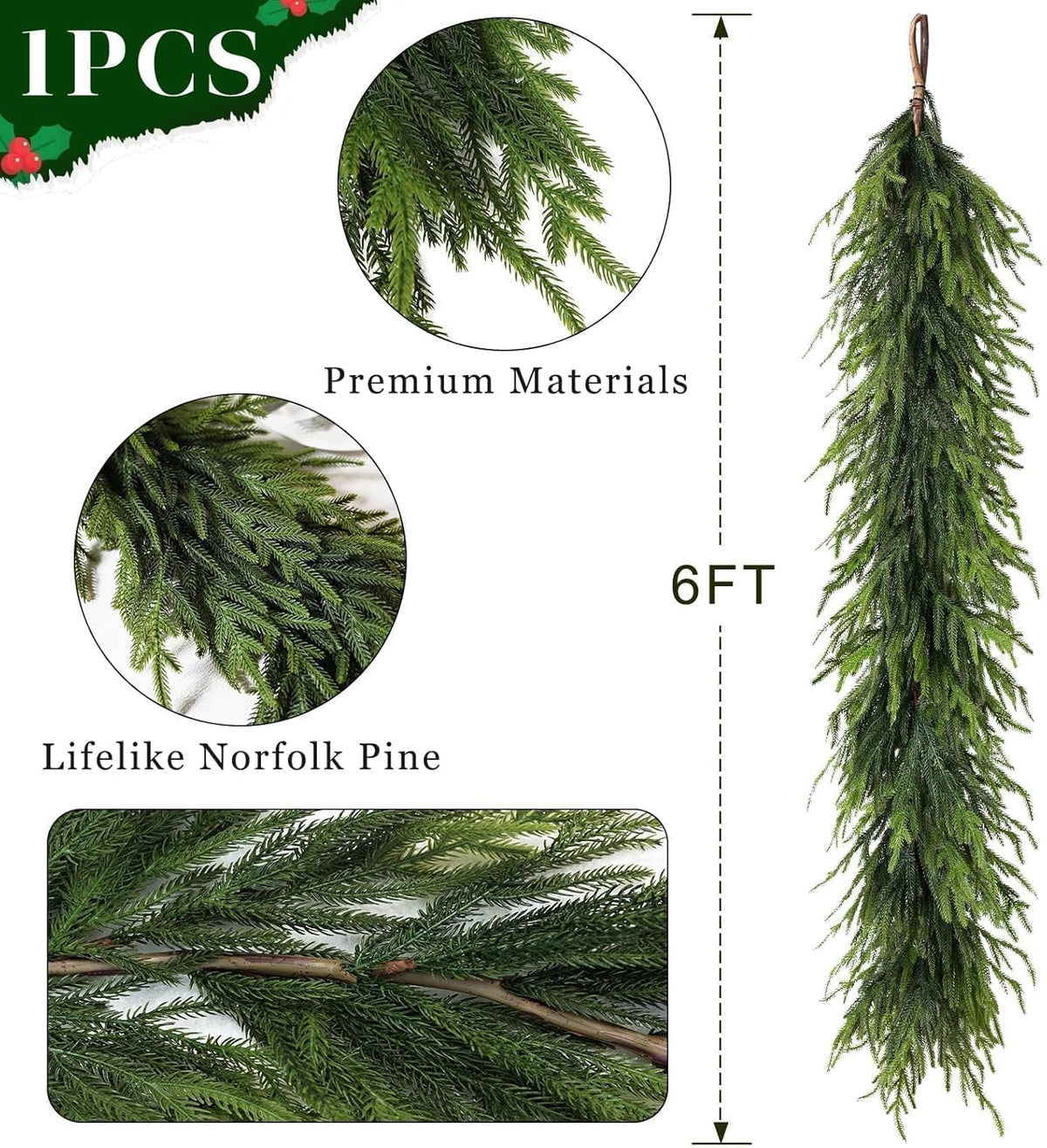 6FT Christmas Artificial Norfolk Pine Garland for Fireplace - Realistic Faux Greenery Fake Garland for Holiday,Table, Window,Mantel,Stairs, Home,Indoor Outdoor Decor (1PCS)